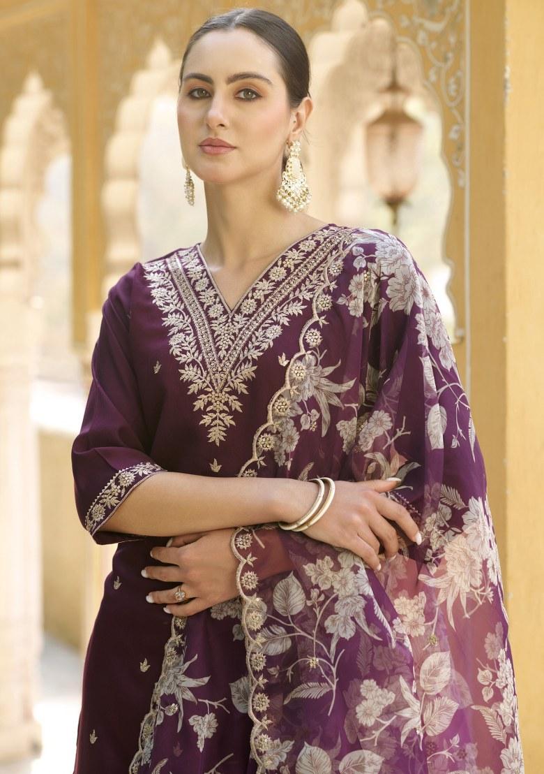 Purple Embroidered Viscose Salwar Kameez With Dupatta