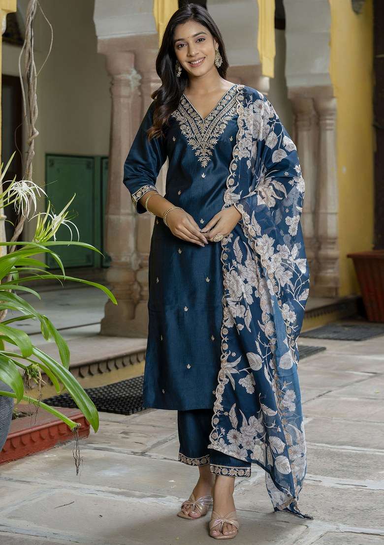 Teal Blue Embroidered Viscose Salwar Kameez With Dupatta - Indya