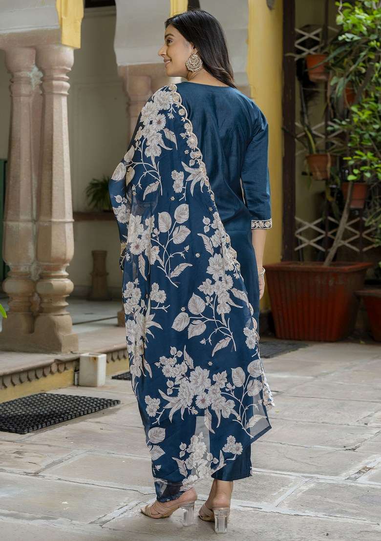 Teal Blue Embroidered Viscose Salwar Kameez With Dupatta - Indya
