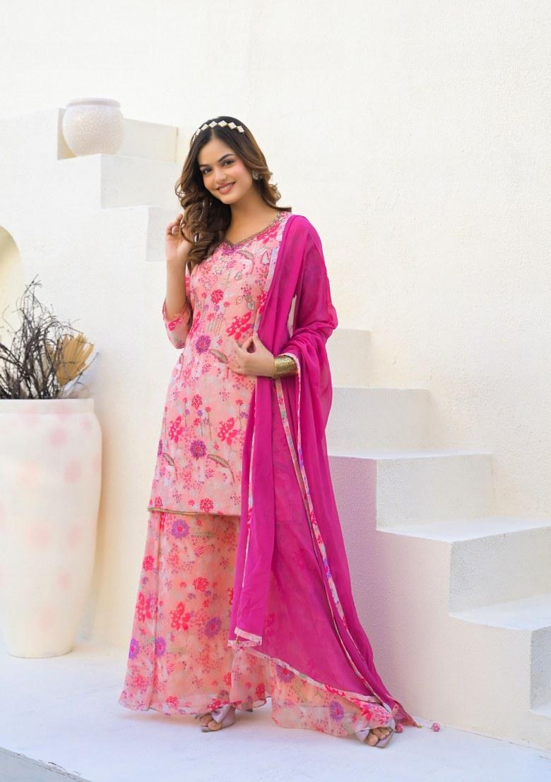 Pink Printed Georgette Palazzo Set With Dupatta