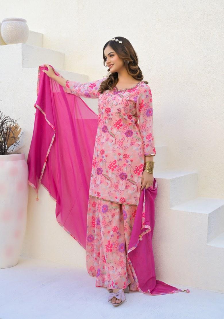 Pink Printed Georgette Palazzo Set With Dupatta