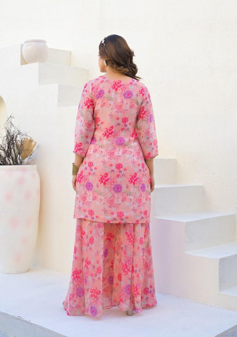 Pink Printed Georgette Palazzo Set With Dupatta