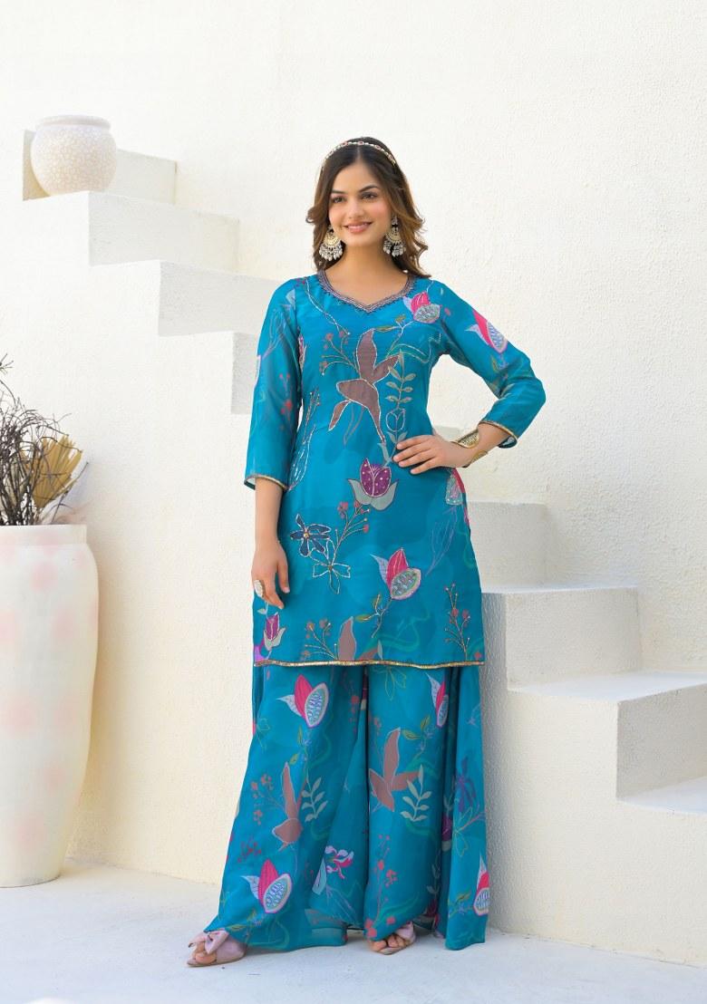Blue Printed Georgette Palazzo Set With Dupatta