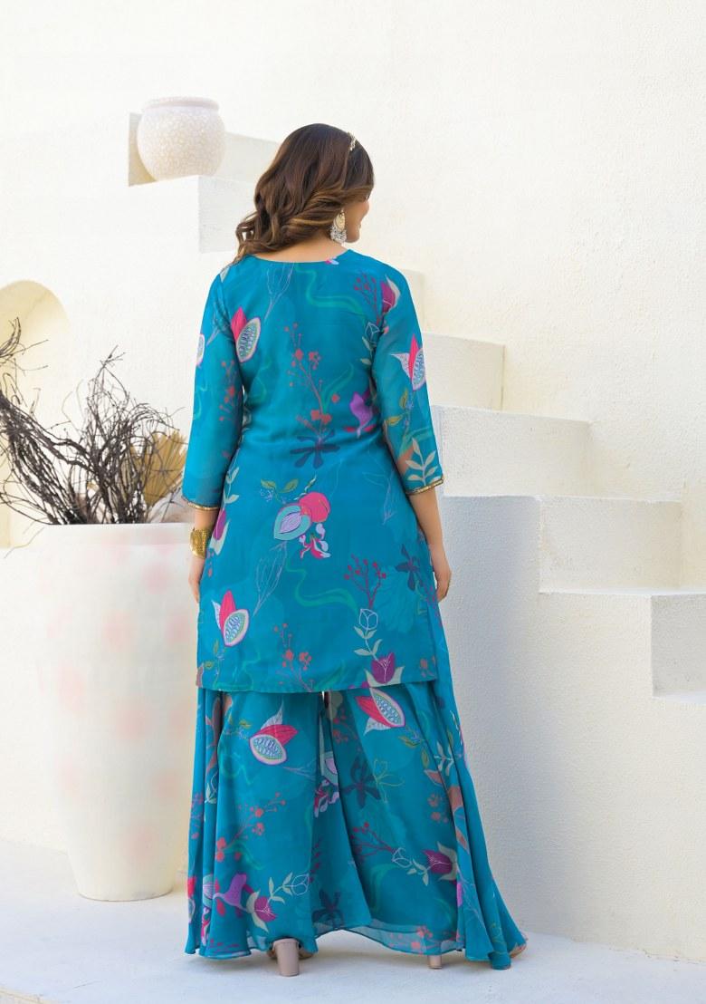 Blue Printed Georgette Palazzo Set With Dupatta