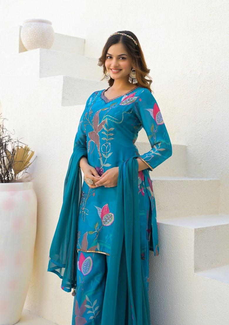 Blue Printed Georgette Palazzo Set With Dupatta