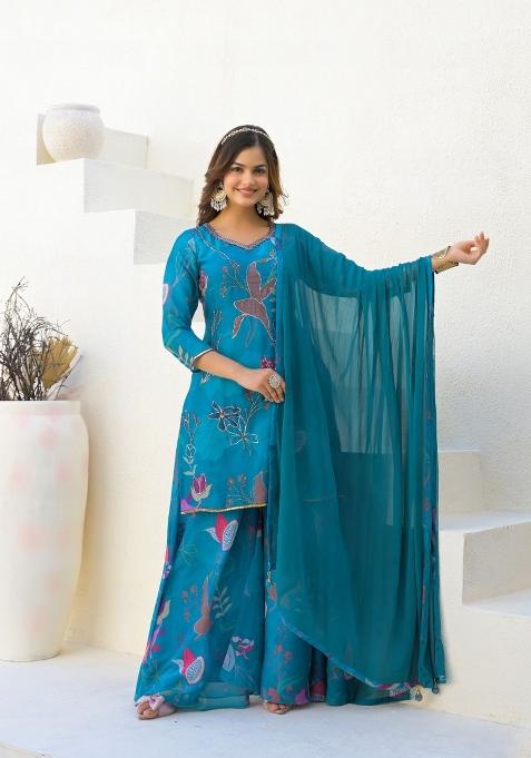 Blue Printed Georgette Palazzo Set With Dupatta