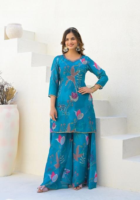 Blue Printed Georgette Palazzo Set With Dupatta