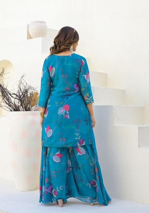 Blue Printed Georgette Palazzo Set With Dupatta