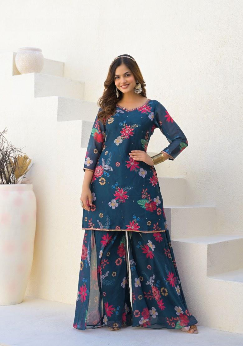 Blue Printed Georgette Palazzo Set With Dupatta