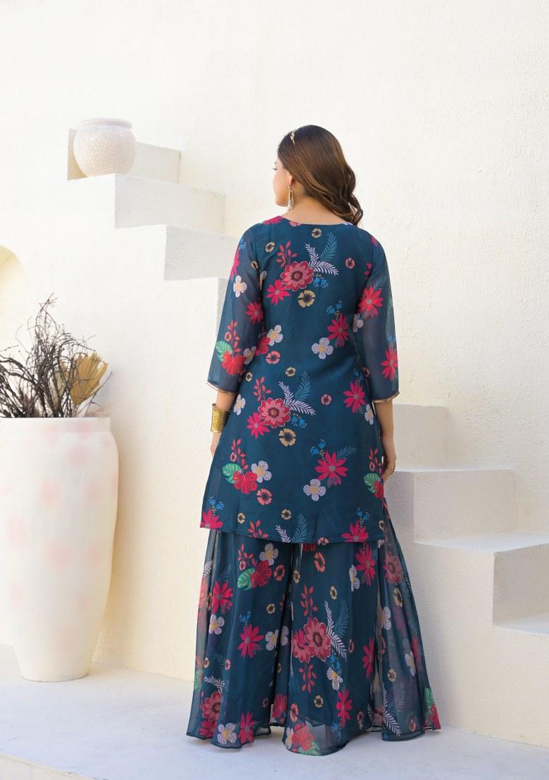 Blue Printed Georgette Palazzo Set With Dupatta