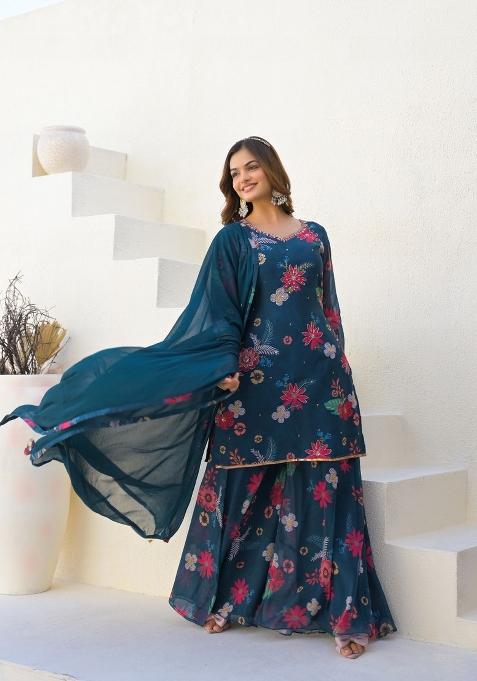 Blue Printed Georgette Palazzo Set With Dupatta