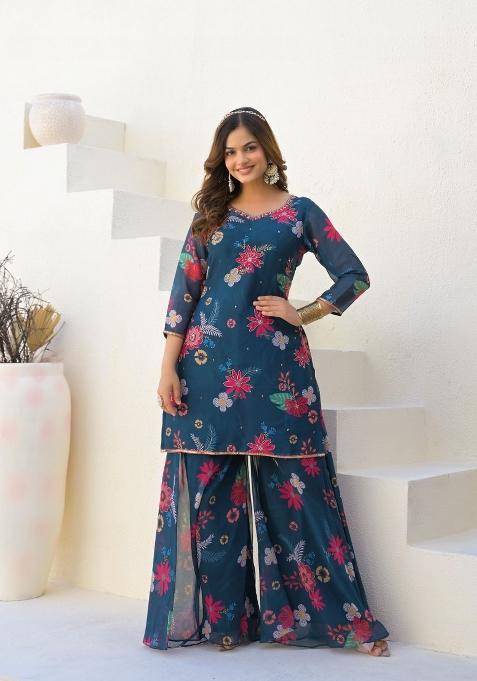 Blue Printed Georgette Palazzo Set With Dupatta