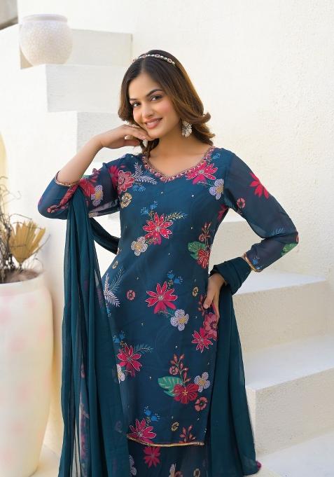 Blue Printed Georgette Palazzo Set With Dupatta