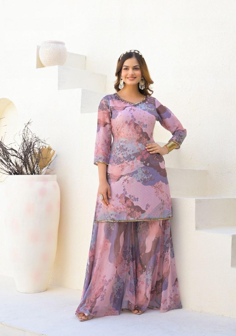 Pink Printed Georgette Palazzo Set With Dupatta