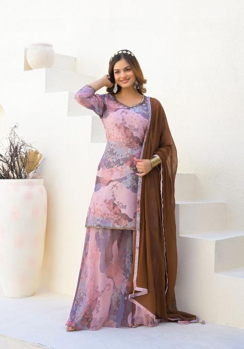 Pink Printed Georgette Palazzo Set With Dupatta