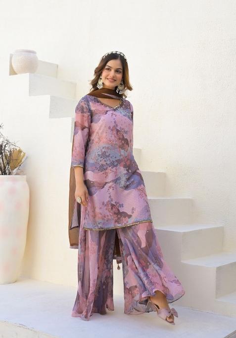 Pink Printed Georgette Palazzo Set With Dupatta