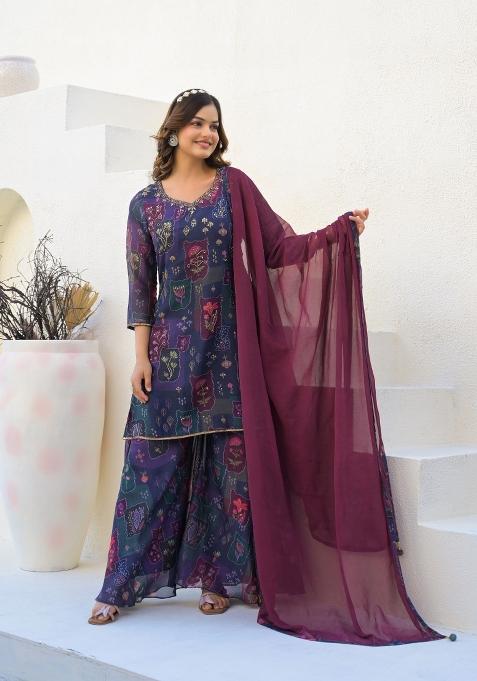 Purple Printed Georgette Palazzo Set With Dupatta