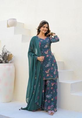 Green Printed Georgette Palazzo Set With Dupatta
