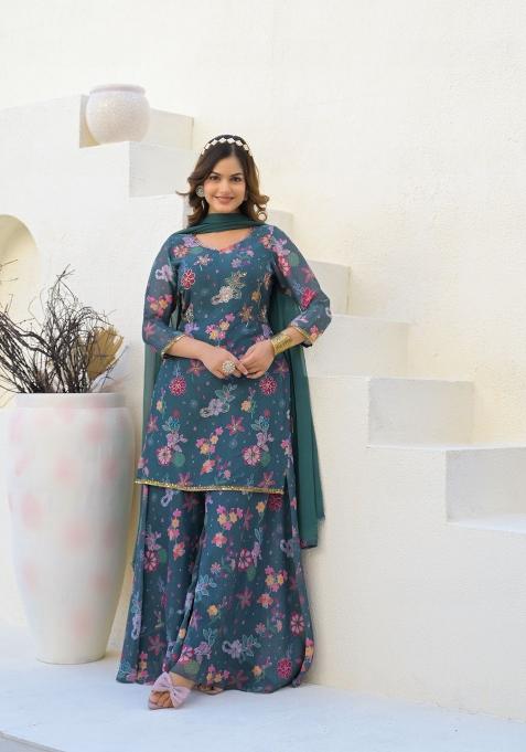 Green Printed Georgette Palazzo Set With Dupatta