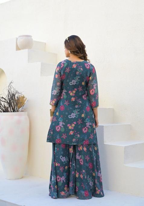 Green Printed Georgette Palazzo Set With Dupatta