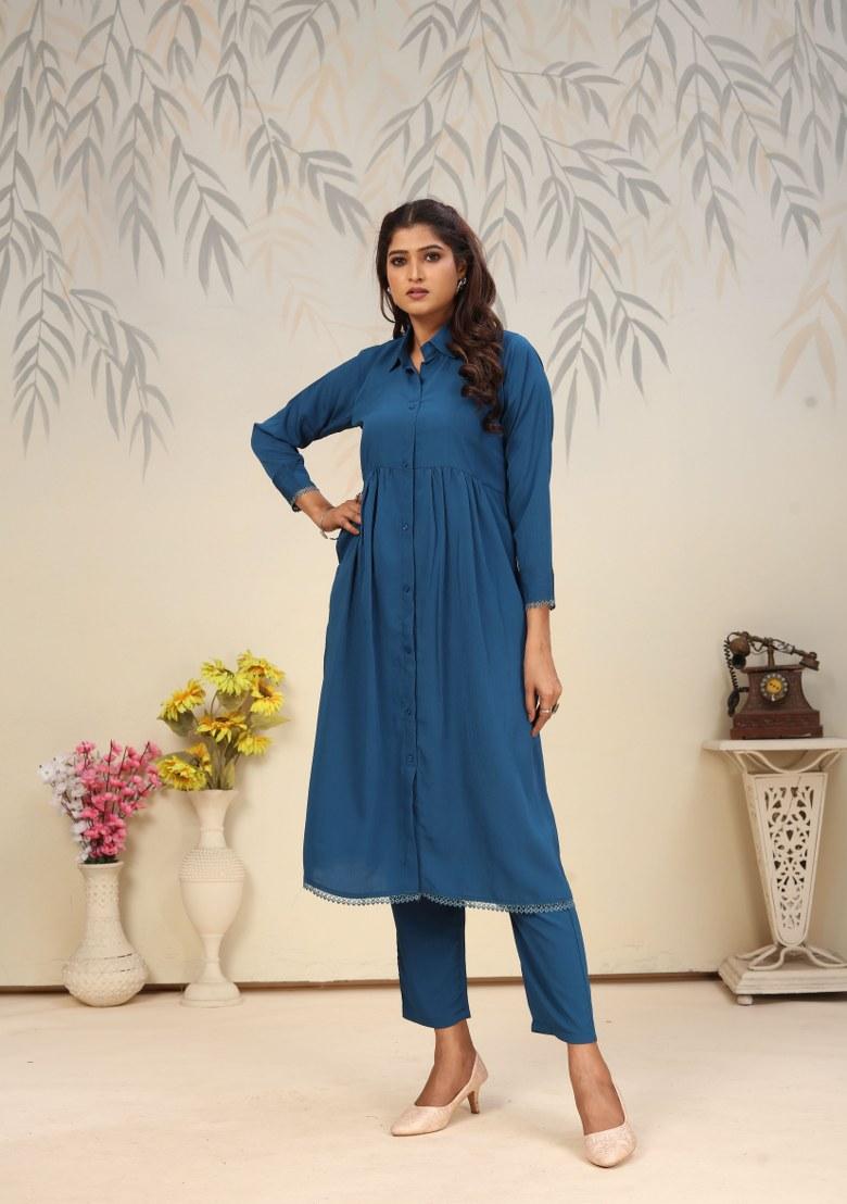 Blue Printed Cotton Poly Salwar Kameez