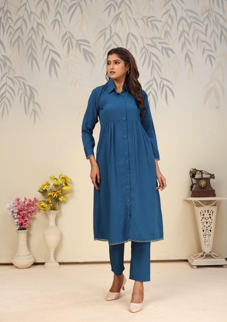 Blue Printed Cotton Poly Salwar Kameez