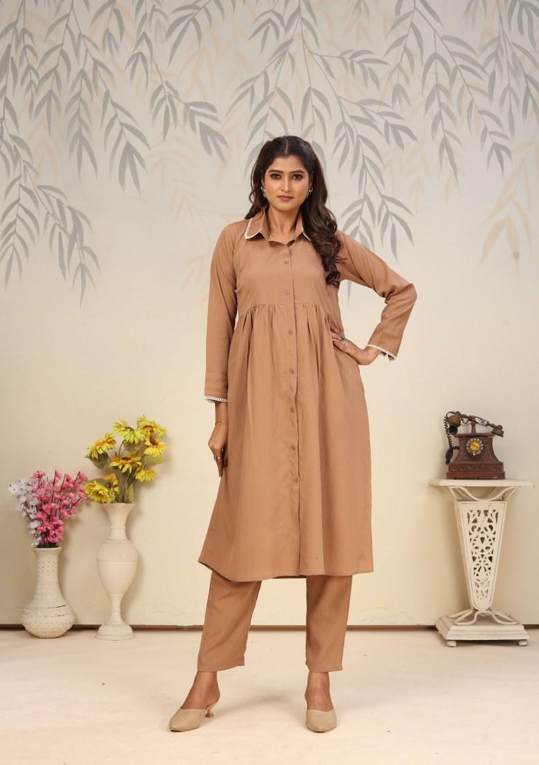 Brown Printed Cotton Poly Salwar Kameez