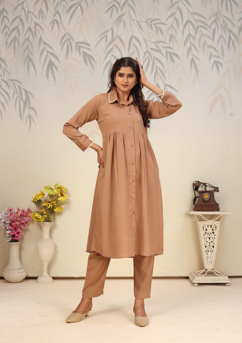 Brown Printed Cotton Poly Salwar Kameez