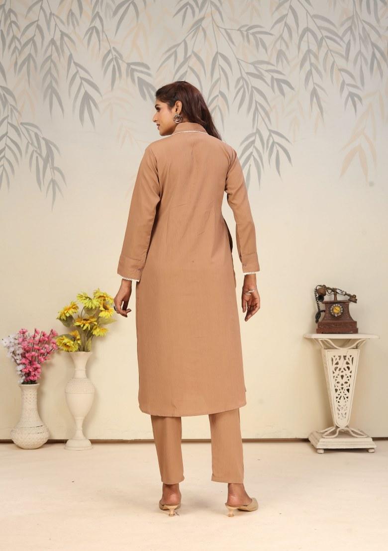 Brown Printed Cotton Poly Salwar Kameez