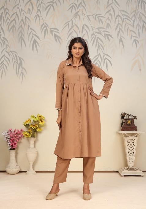Brown Printed Cotton Poly Salwar Kameez
