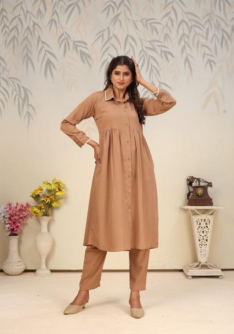 Brown Printed Cotton Poly Salwar Kameez