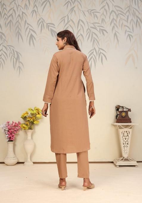 Brown Printed Cotton Poly Salwar Kameez