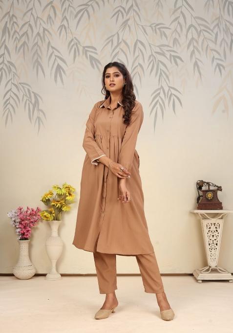 Brown Printed Cotton Poly Salwar Kameez