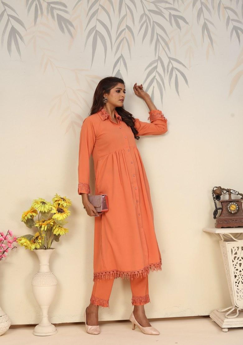 Orange Printed Cotton Poly Salwar Kameez
