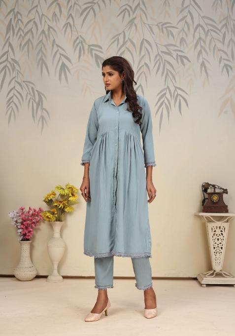 Sky Blue Printed Cotton Poly Salwar Kameez