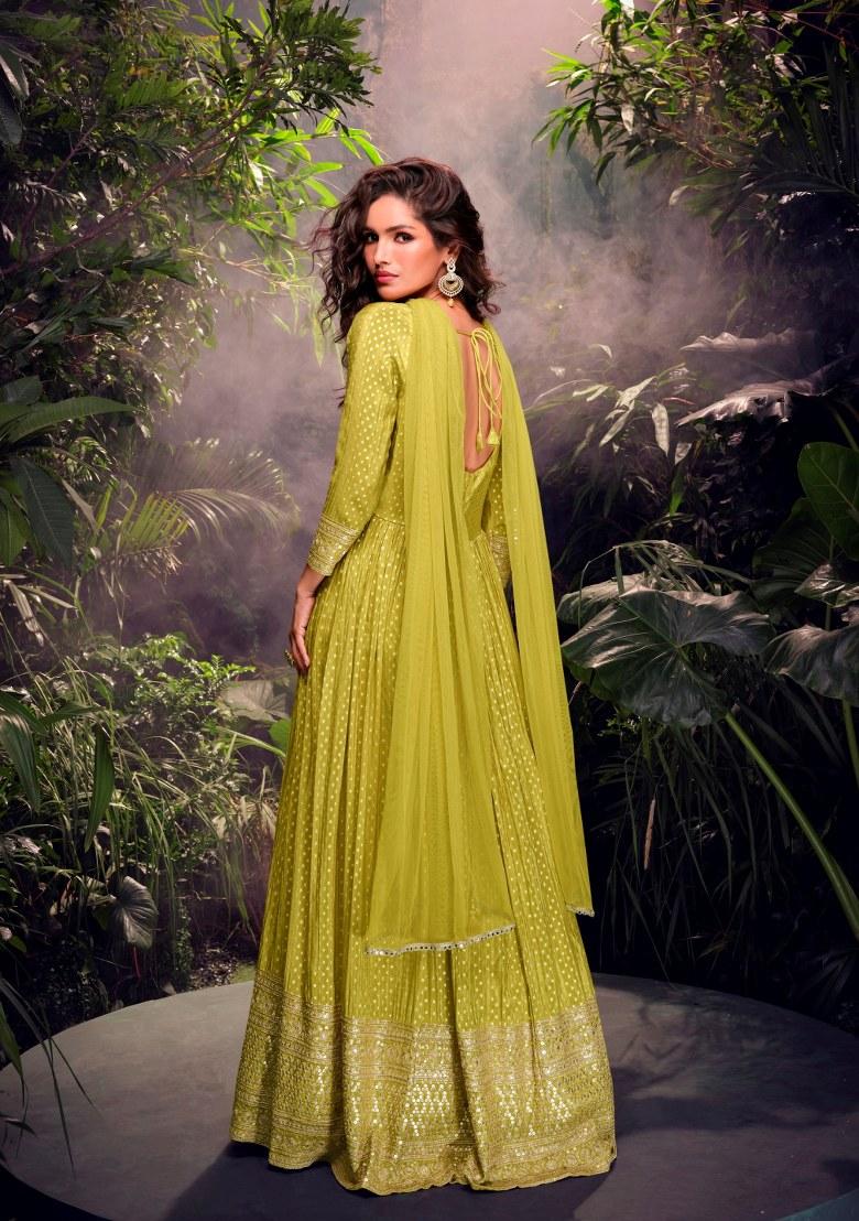 Green Embroidered Jacquard Anarkali Set With Dupatta