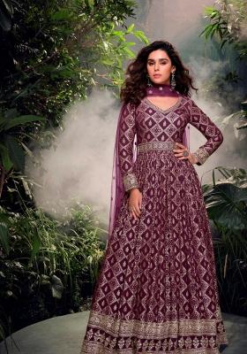 Purple Embroidered Jacquard Anarkali Set With Dupatta