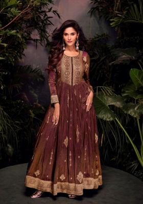 Brown Embroidered Jacquard Anarkali Set With Dupatta