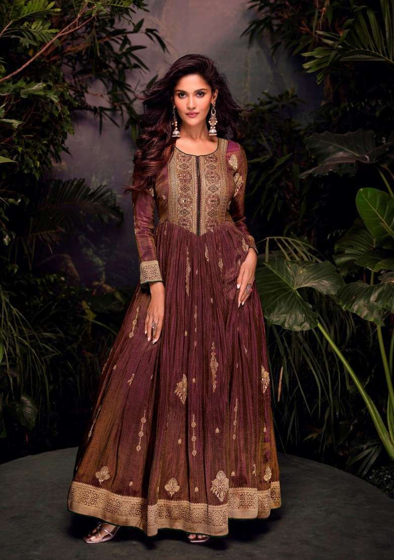 Brown Embroidered Jacquard Anarkali Set - Indya