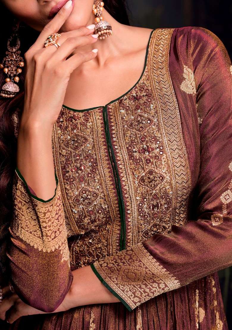 Brown Embroidered Jacquard Anarkali Set - Indya