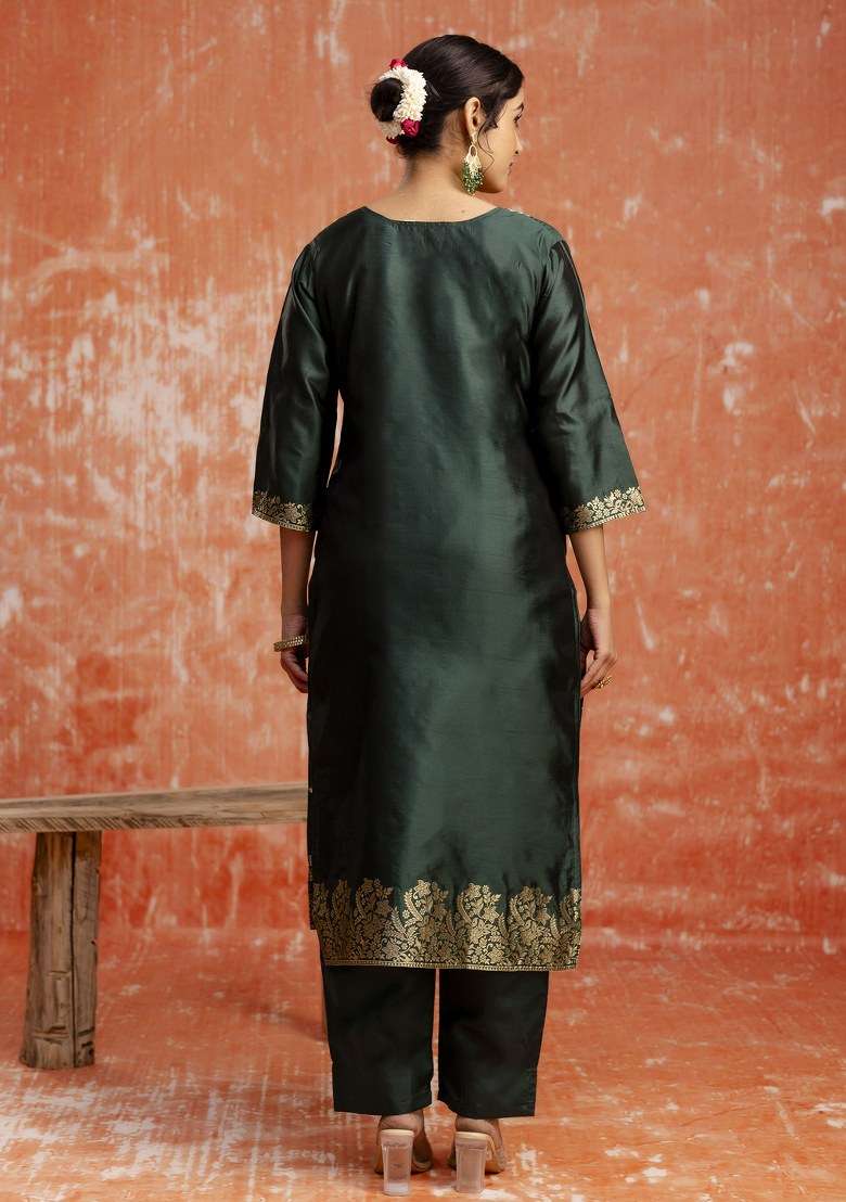 Green Embroidered Cotton Straight Kurta Set - Indya
