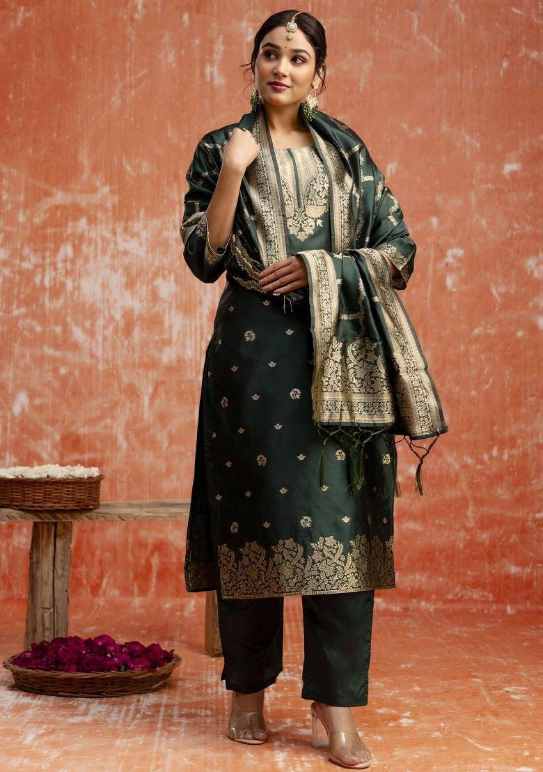 Green Woven Cotton Poly Salwar Kameez With Dupatta