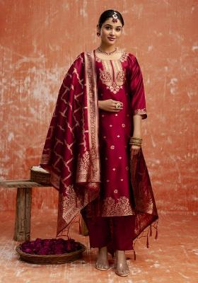 Maroon Woven Cotton Poly Salwar Kameez With Dupatta