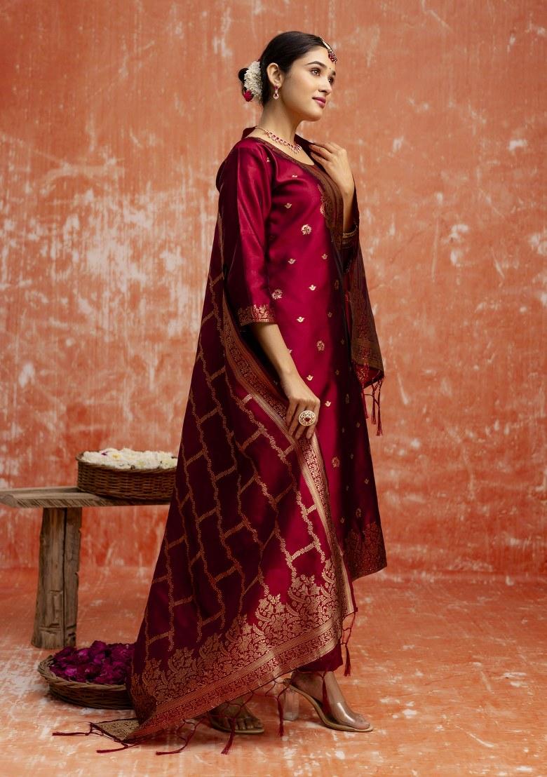 Maroon Woven Cotton Poly Salwar Kameez With Dupatta