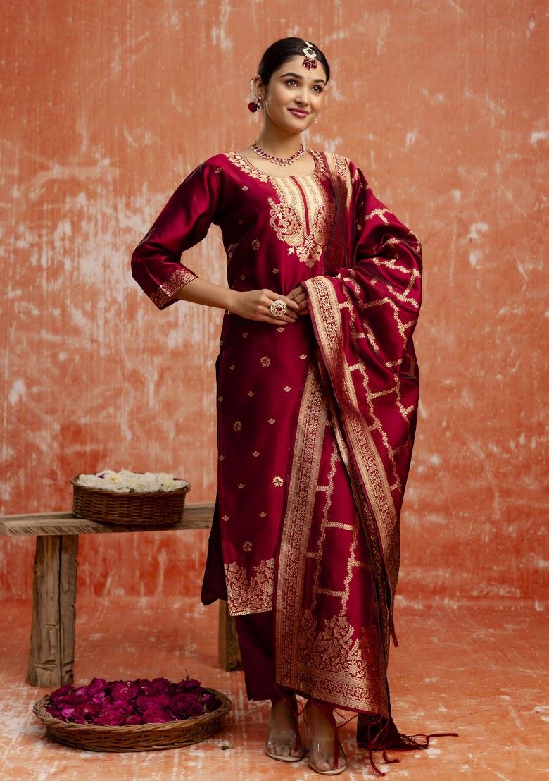 Maroon Woven Cotton Poly Salwar Kameez With Dupatta