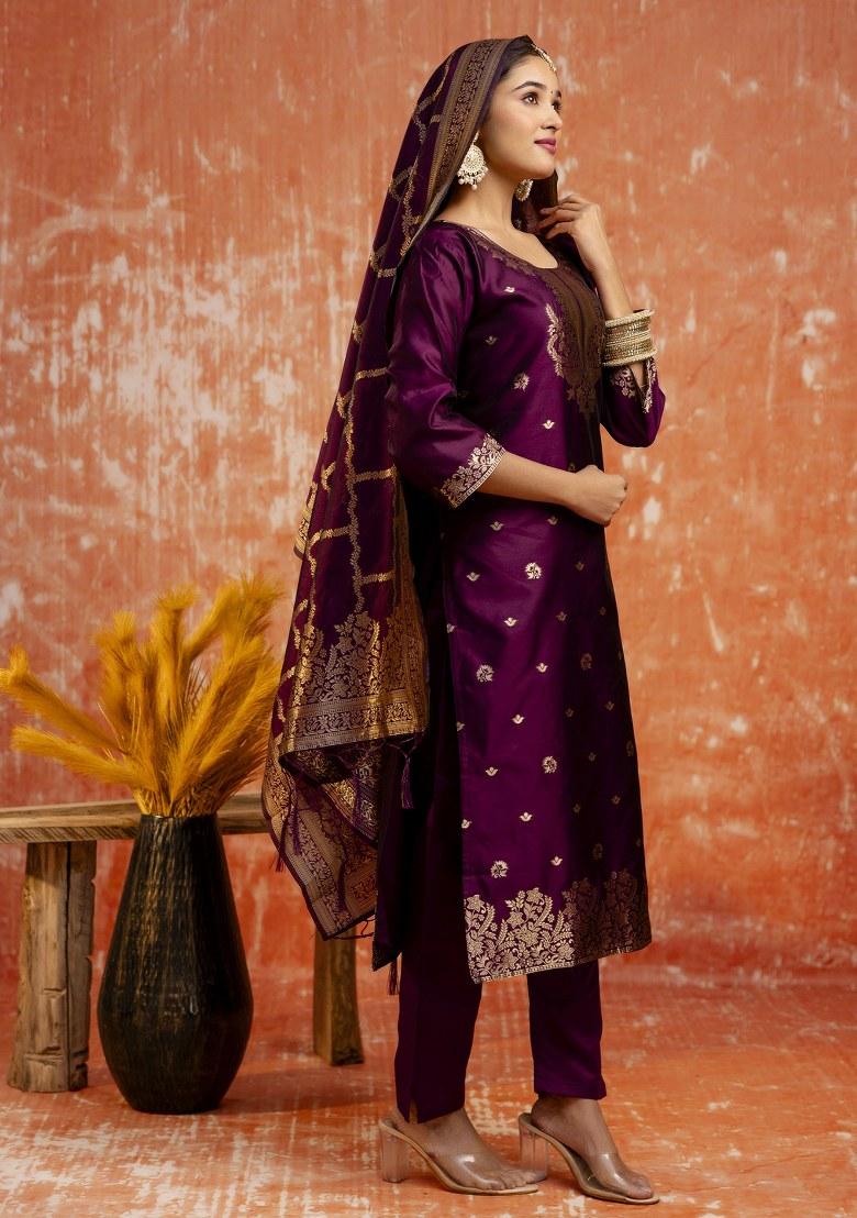 Purple Woven Cotton Poly Salwar Kameez With Dupatta