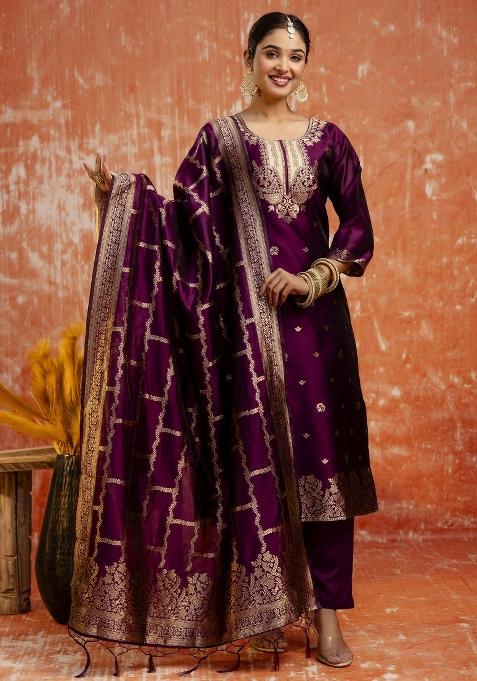Purple Woven Cotton Poly Salwar Kameez With Dupatta