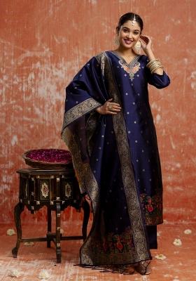 Blue Woven Cotton Poly Salwar Kameez With Dupatta