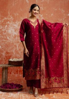 Maroon Woven Cotton Poly Salwar Kameez With Dupatta
