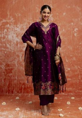 Purple Woven Cotton Poly Salwar Kameez With Dupatta